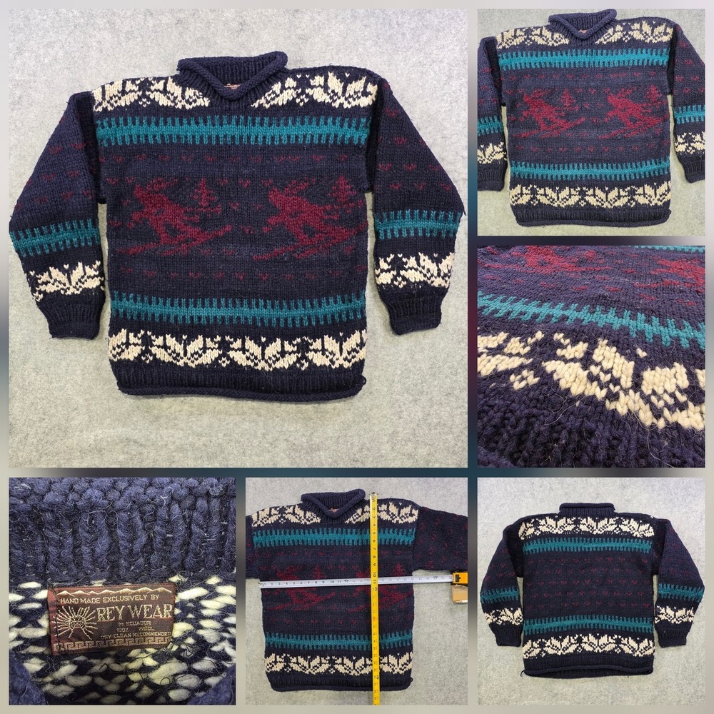 Vintage Rey Wear Mens Large? Sweater Blue Wool Fair Isle Ski Hand Knit Pattern